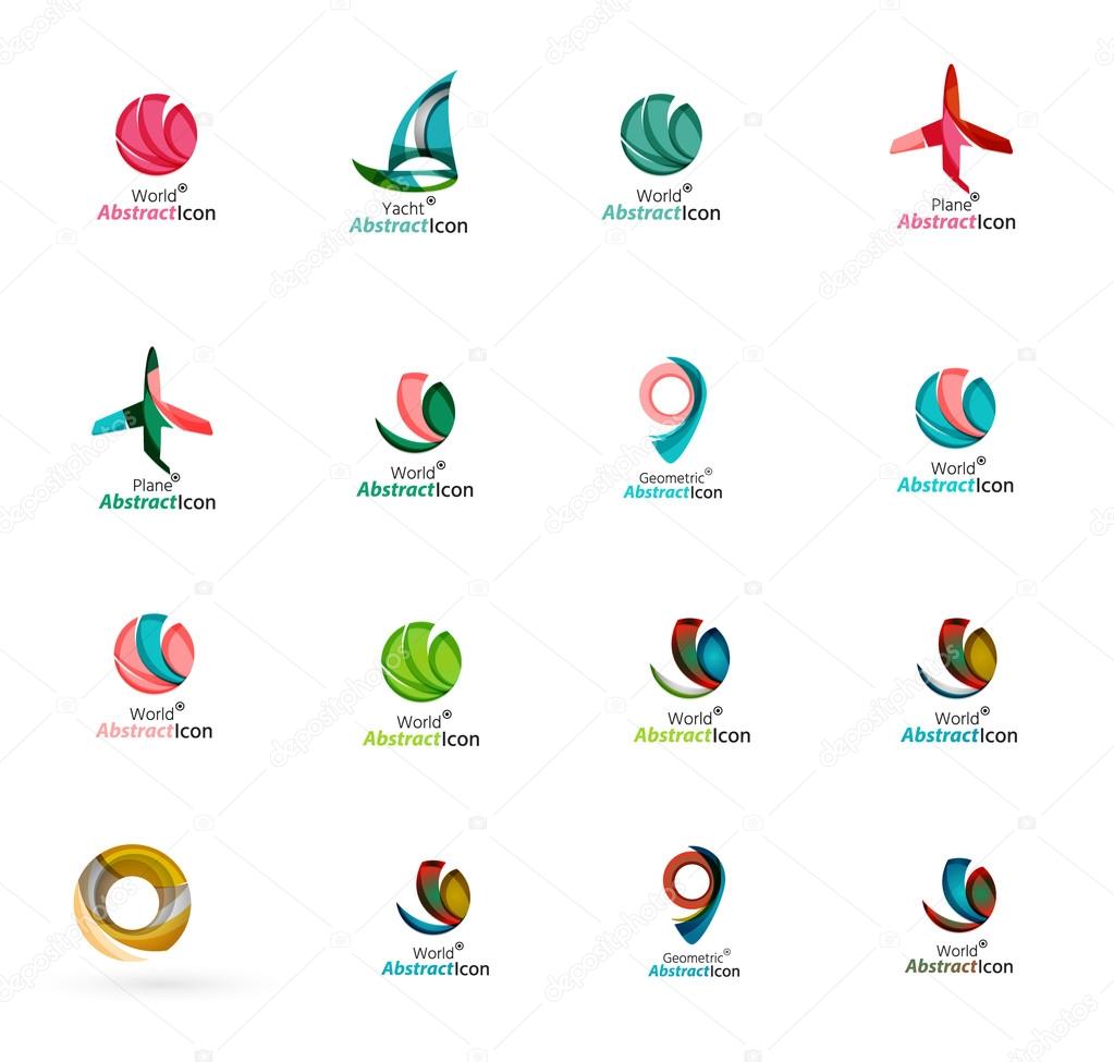 Set of abstract travel logo icons. Business, app or internet web symbols. Thin lines and colors with white