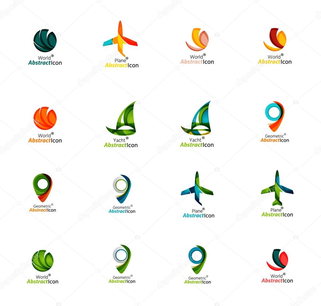 Set of abstract travel logo icons. Business, app or internet web symbols. Thin lines and colors with white