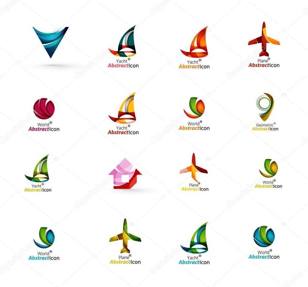 Set of abstract travel logo icons. Business, app or internet web symbols. Thin lines and colors with white