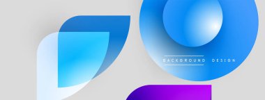 Soyut geometrik şekiller çakışıyor. Mavi, mor gradyanlar modern tasarım yaratır. Açık gri arkaplan karşıtlık ve temiz estetik sağlar.