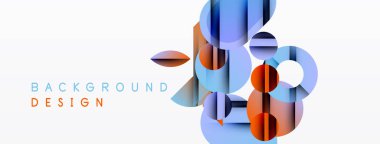 Soyut geometrik şekiller üst üste binerek modern arkaplan oluşturur. Mavi, turuncu renkler tasarıma hakim, temiz estetik sunuyor.