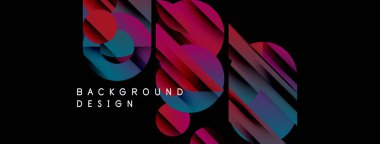 Soyut geometrik şekiller örtüşüyor, canlı renk eğimleri yaratıyor. Koyu arkaplan parlak tasarım elementlerini vurgular. Modern estetik.