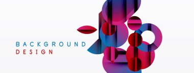 Soyut geometrik şekiller, canlı renkler, modern tasarım. Arkaplan özellikleri üst üste binen daireler, dikdörtgenler, gradyanlar. Minimalist estetik.