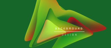 Soyut enerjik tasarım akış şekilleri, gradyanlar. Yeşil arkaplan karşıtlık sağlar, metin etiketleri ögeler. Modern estetik.