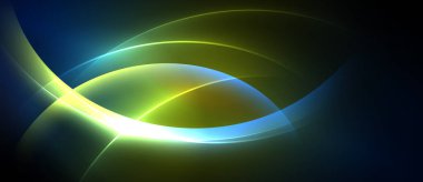 Soyut tasarım dalgalı kıvrımlar, canlı renkler içerir. Mavi, yeşil, sarı renkler dinamik ışık efekti yaratır. Düzen eğimleri kompozisyona hakim.