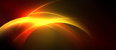 Soyut tasarım parlak turuncu, sarı kıvrımlı koyu arkaplan. Pürüzsüz gradyanlar dinamik, akan görsel efekt yaratır.