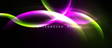 Canlı soyut dalgalar, neon renkler karışımı. Düz eğriler dinamik arkaplan tasarımı yaratır. Karanlık uzay aydınlığı vurgular.