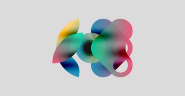 Soyut renkli şekiller örtüşüyor ve canlı bir görsel etki yaratıyor. Yumuşak gradyanlar renkleri karıştırır, sıvı bileşimi oluşturur.