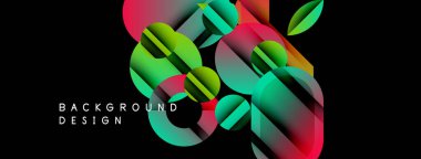 Abstract geometric layers create vibrant design. Gradient colors blend, forming dynamic composition on black background. Modern aesthetic.