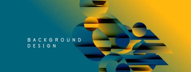 Soyut geometrik şekiller örtüşür, dinamik görsel efekt yaratır. Mavi, sarı renkler kompozisyona hakim. Modern tasarım ögesi.