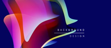 Abstract colorful shapes overlap dark blue background. Text reads background design in white. Modern visual presentation.