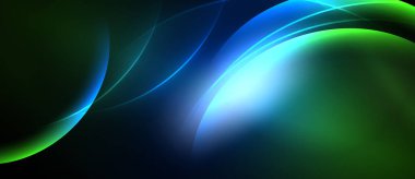 Soyut akışkan şekiller, canlı maviler, yeşiller koyu arkaplana hakim. Işık merkezi noktadan yayılır, dinamik görsel efekt yaratır.
