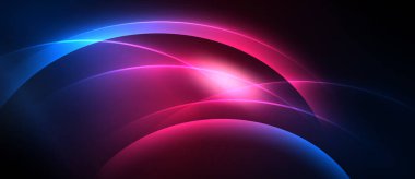 Abstract design features vibrant curves, glowing lines. Pink, blue hues dominate dark background. Dynamic composition creates energy.