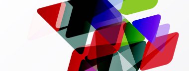 Soyut şekiller örtüşür, canlı renk karışımları yaratır. Kırmızı, yeşil, mavi tonlar kompozisyona hakim. Modern tasarım elemanları.