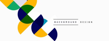 Soyut geometrik şekiller örtüşür ve canlı bir görsel kompozisyon yaratır. Sarı, mavi, yeşil beyaz alana hükmediyor. Basit tasarım ögeleri mevcut.