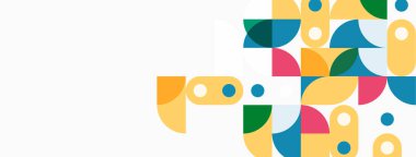 Soyut geometrik şekiller, canlı renkler, modern tasarım. Kompozisyon daireler, kareler, dikdörtgenler, üst üste binen formlar içerir. Temiz estetik.