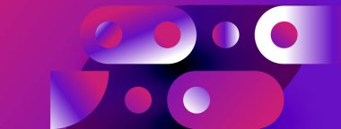 Canlı mor, pembe gradyan içeren soyut bir kompozisyon. Daireler, kıvrımlar dinamik görsel deneyimler yaratır. Modern tasarım elemanları.