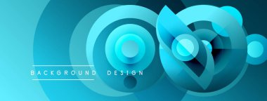 Abstract blue design features layered circles, gradients. Text reads background design. Modern, clean aesthetic.