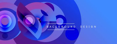 Soyut dinamik kompozisyon. Üst üste binen daireler, gradyanlar modern görsel efektler yaratır. Mavi, mor renkler dizaynın hakimi..