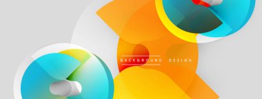 Soyut şekiller örtüşür, parlak turuncu ve mavi renkler yaratır. Gri arkaplan temiz zıtlık sağlar. Modern tasarım ögesi.