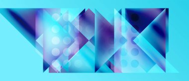 Soyut geometrik bileşim. Mavi, mor renkler harmanlanarak dinamik üçgen formlar oluşturuyor. Çemberler doku ve görsel ilgi ekler.