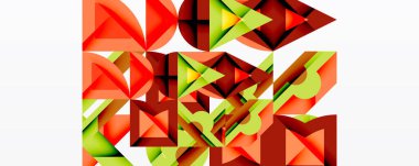 Soyut geometrik şekiller örtüşür, karmaşık desenler yaratır. Renkler arasında kırmızı, yeşil, kahverengi tonlar vardır. Minimalist tasarım, modern estetik.