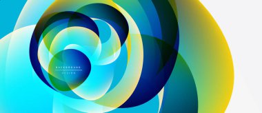 Soyut dinamik tasarım. Dairesel katmanlar mavi, yeşil ve sarı renkleri harmanlıyor. Modern arkaplan akan görsel efekt yaratır.