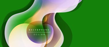 Soyut akışkan şekiller, canlı renkler, yeşil fon. Modern tasarım elementleri dinamik görsel etki yaratır. Düz gradyanlar sanatsal hissi sunar.