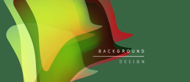 Soyut sıvı şekilleri örtüşür, parlak yeşil, sarı ve kırmızı renkler yaratır. Metin arka plan tasarımı okur. Modern estetik.