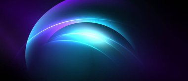 Soyut parlak katmanlar dinamik ışık efekti yaratır. Mavi, mor renkler koyu arkaplana hakim. Yumuşak eğimler hareketi önerir.