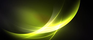 Soyut sarı eğriler koyu arkaplan boyunca akar. Pürüzsüz gradyanlar dinamik görsel efekt yaratır. Modern tasarım ögesi.