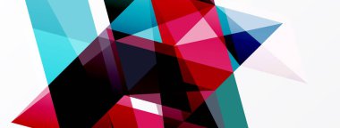 Soyut geometrik şekiller örtüşür, dinamik bileşim yaratır. Renkler arasında kırmızı, mavi, pembe, turkuaz, siyah, beyaz sayılabilir. Modern tasarım.