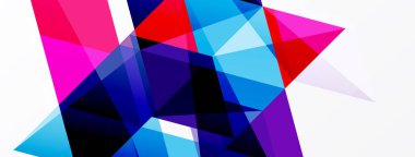 Soyut geometrik şekiller örtüşür, canlı renk karışımları yaratır. Kompozisyon beyaz arkaplanda maviler, pembeler, morlar, kırmızılar içerir.