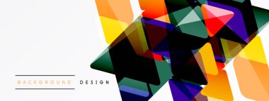 Soyut geometrik şekiller örtüşür, canlı renkli tasarım yaratır. Beyaz alan temiz karşıtlık ve modern estetik sağlar.