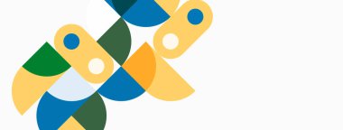 Soyut şekiller örtüşüyor, renkli bir tasarım yaratıyor. Sarı, yeşil, turuncu, mavi renkler beyaz arkaplana hakim. Modern estetik.