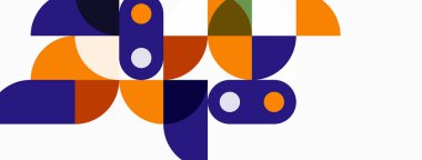 Soyut geometrik şekiller, turuncu, mor, gri. Minimalist tasarım, temiz çizgiler, modern estetik. Bileşim eğriler, daireler, bölümler üzerine odaklanır.