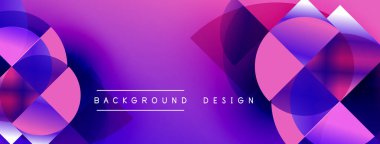 Abstract geometric shapes blend vibrant purple, pink hues. Modern design creates dynamic visual effect. Background features overlapping circles, triangles.