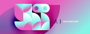 Abstract design features vibrant pinks, blues, turquoise. Geometric shapes create modern, flowing composition. Gradient background adds depth.