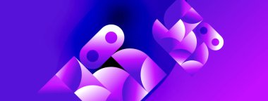 Soyut geometrik şekiller, mor renkler, eğim arkaplanı. Modern tasarım, dijital çizim, canlı renkler, dinamik kompozisyon.