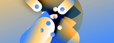 Soyut şekiller mavileri, portakalları harmanlıyor. Yumuşak eğimler dinamik bileşim yaratır. Minimalist tasarım modern estetiği çağrıştırıyor. Işık formla oynar.