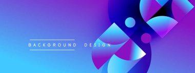 Abstract background features vibrant blue, purple gradients. Geometric shapes overlap creating modern visual effect. Design includes text elements.