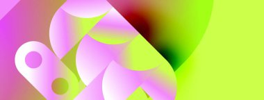 Soyut, enerjik şekiller harmanlanarak akışkan gradyanlar oluşturur. Pembe, sarı, yeşil renkler kompozisyona hakim. Yumuşak geçişler biçimleri tanımlar.