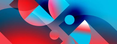 Akan şekiller, canlı maviler, kırmızılar, gradyanlar içeren soyut bir kompozisyon. Dinamik etkileşim modern görsel deneyim yaratır.