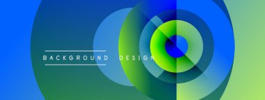 Soyut tasarım, üst üste binen daireler, canlı mavi, yeşil renkler. Metin arka plan tasarımı okur. Modern, minimalist estetik.