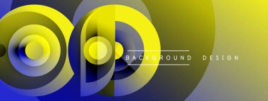 Soyut tasarım, üst üste binen daireler, canlı sarı, mavi gradyanlar. Modern estetik, arka planlar ve sunumlar için uygun..