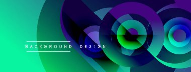 Soyut canlı tasarım, üst üste binen daireler, gradyanlar. Turkuaz, mor, lacivert renkler dinamik görsel efekt yaratır. Modern arkaplan.