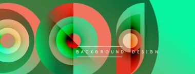 Soyut geometrik şekiller örtüşüyor, canlı renk eğimleri yaratıyor. Tasarım daireler, kareler, deniz mavisi, yeşil, kırmızı renkler içerir. Modern estetik.