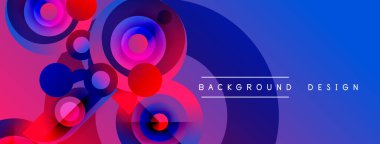 Soyut, enerjik daireler çakışıyor ve dinamik bir değişim etkisi yaratıyor. Pembe, mavi renkler kompozisyona hakim. Modern tasarım ögesi.