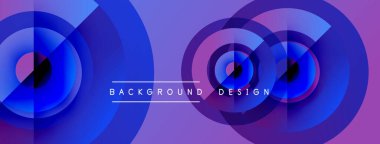 Soyut daireler örtüşüyor, parlak mavi mor renkler yaratıyor. Metin, şekiller arasında ortalanmış arkaplan tasarımı okur. Modern görsel kompozisyon.