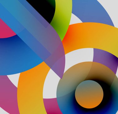 Soyut renkli şekiller çakışıyor. Çemberler kompozisyona hükmediyor, dinamik görsel efekt yaratıyor. Parlak renkler pürüzsüz harmanlanır.